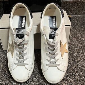 Golden Goose White Sneakers with Gold Star and Black Heel